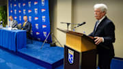 Nov 3, 2022; Kansas City, Missouri, USA; Kansas City Royals owner John Sherman introduces Matt Quatraro as manager during a press conference at Kauffman Stadium. Mandatory Credit: Jay Biggerstaff-Imagn Images