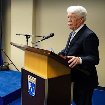 Nov 3, 2022; Kansas City, Missouri, USA; Kansas City Royals owner John Sherman introduces Matt Quatraro as manager during a press conference at Kauffman Stadium. Mandatory Credit: Jay Biggerstaff-Imagn Images