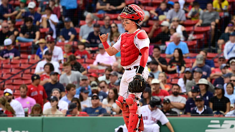 Sep 12, 2023; Boston, Massachusetts, USA; Boston Red Sox catcher Reese McGuire (3) offers