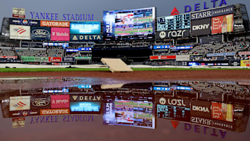 Aug 2, 2024; Bronx, New York, USA; General view of Yankee Stadium during a rain delay before a game between the New York Yankees and Toronto Blue Jays. Mandatory Credit: Brad Penner-Imagn Images
