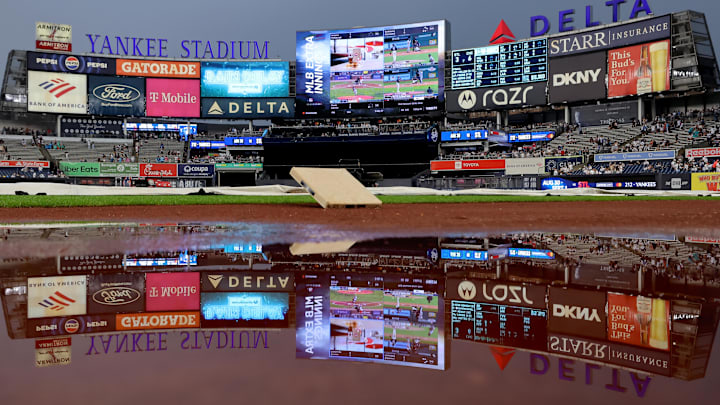 Aug 2, 2024; Bronx, New York, USA; General view of Yankee Stadium during a rain delay before a game between the New York Yankees and Toronto Blue Jays. Mandatory Credit: Brad Penner-Imagn Images