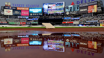 Aug 2, 2024; Bronx, New York, USA; General view of Yankee Stadium during a rain delay before a game between the New York Yankees and Toronto Blue Jays. Mandatory Credit: Brad Penner-Imagn Images