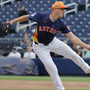 Feb 22, 2025; West Palm Beach, Florida, USA; Houston Astros left hand pitcher Brandon Walter throws a pitch in the fourth inning against the Washington Nationals at CACTI Park of the Palm Beaches. 