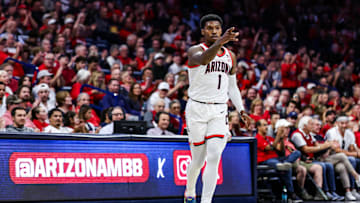 Nov 9, 2024; Tucson, Arizona, USA; Arizona Wildcats guard Caleb Love (1) celebrates a three-point basket against the Old Dominion Monarchs during the first half at McKale Center. Mandatory Credit: Aryanna Frank-Imagn Images