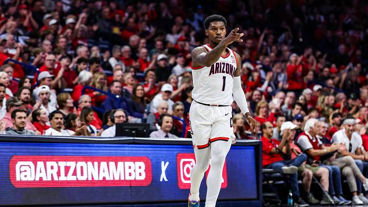 Nov 9, 2024; Tucson, Arizona, USA; Arizona Wildcats guard Caleb Love (1) celebrates a three-point basket against the Old Dominion Monarchs during the first half at McKale Center. Mandatory Credit: Aryanna Frank-Imagn Images