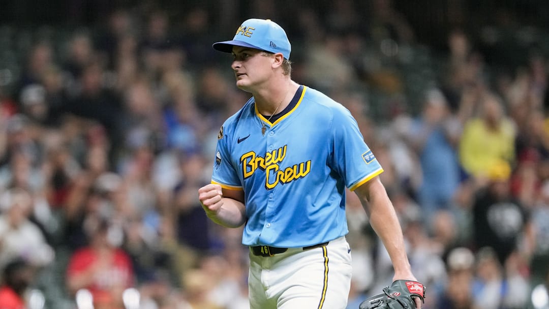 Sep 26, 2025; Milwaukee, Wisconsin, USA;  Milwaukee Brewers pitcher Quinn Priester (46) reacts after recording the final out of the fourth inning against the Cincinnati Reds at American Family Field. Mandatory Credit: Jeff Hanisch-Imagn Images