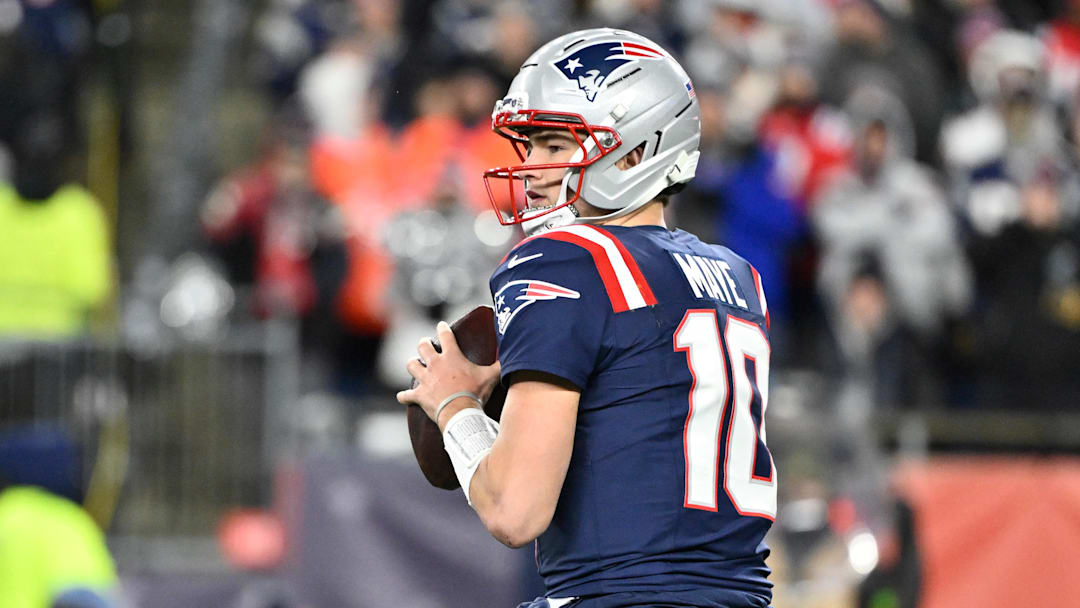 Jan 11, 2026; Foxborough, MA, USA; New England Patriots quarterback Drake Maye (10) looks to pass the ball against the Los Angeles Chargers during the second half in an AFC Wild Card Round game at Gillette Stadium. Mandatory Credit: Eric Canha-Imagn Images