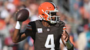 Oct 20, 2024; Cleveland, Ohio, USA; Cleveland Browns quarterback Deshaun Watson (4) throws a pass during the first quarter against the Cincinnati Bengals at Huntington Bank Field. Mandatory Credit: Ken Blaze-Imagn Images