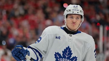 May 16, 2025; Sunrise, Florida, USA; Toronto Maple Leafs right wing Pontus Holmberg looks on against the Florida Panthers during the first period in game six of the second round of the 2025 Stanley Cup Playoffs at Amerant Bank Arena. 