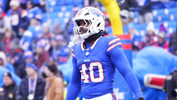 Jan 12, 2025; Orchard Park, New York, USA; Buffalo Bills linebacker Von Miller (40) warms up before a game against the Denver Broncos in an AFC wild card game at Highmark Stadium. Mandatory Credit: Gregory Fisher-Imagn Images