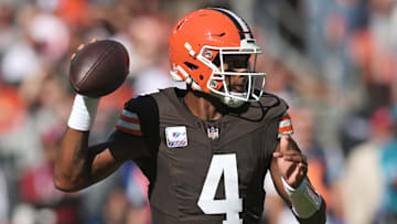 Oct 20, 2024; Cleveland, Ohio, USA; Cleveland Browns quarterback Deshaun Watson (4) throws a pass during the first quarter against the Cincinnati Bengals at Huntington Bank Field. Mandatory Credit: Ken Blaze-Imagn Images