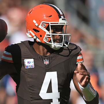 Cleveland Browns quarterback Deshaun Watson (4) throws a pass during the first quarter against the Cincinnati Bengals at Huntington Bank Field in 2024. 