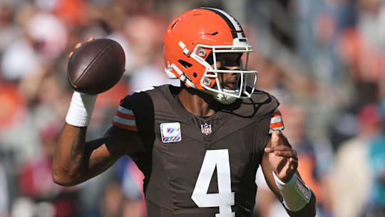 Oct 20, 2024; Cleveland, Ohio, USA; Cleveland Browns quarterback Deshaun Watson (4) throws a pass during the first quarter against the Cincinnati Bengals at Huntington Bank Field. Mandatory Credit: Ken Blaze-Imagn Images