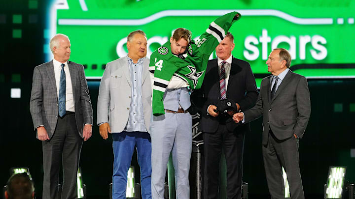 Jun 28, 2024; Las Vegas, Nevada, USA; Emil Hemming is selected by the Dallas Stars with the 29th overall pick in the first round of the 2024 NHL Draft at The Sphere. Mandatory Credit: Stephen R. Sylvanie-Imagn Images