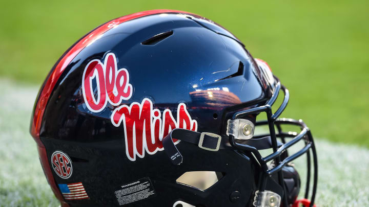 Oct 16, 2021; Knoxville, Tennessee, USA; Mississippi Rebels helmet on the field before a game between the Tennessee Volunteers and Mississippi Rebels at Neyland Stadium. Mandatory Credit: Bryan Lynn-USA TODAY Sports