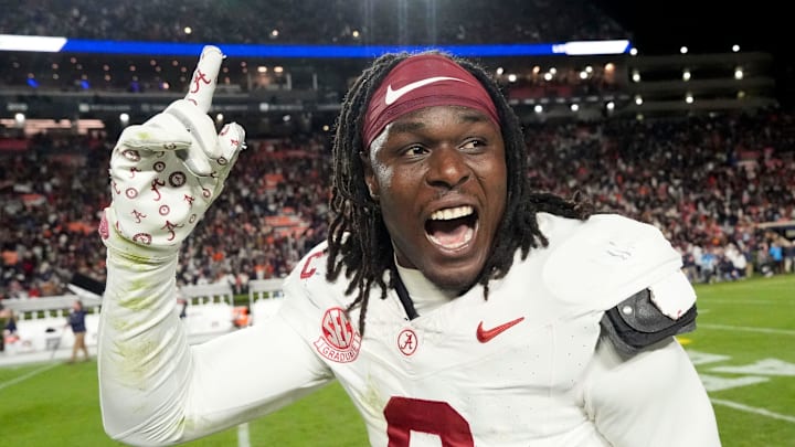 Nov 29, 2025; Auburn, Alabama, USA; Alabama linebacker Deontae Lawson (0) celebrates Alabama’s win over Auburn at Jordan-Hare Stadium. Mandatory Credit: Gary Cosby Jr.-Tuscaloosa News