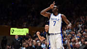 Nov 14, 2025; Durham, North Carolina, USA; Duke Blue Devils forward Dame Sarr (7) reacts after hitting a three-pointer during the second half against the Indiana State Sycamores at Cameron Indoor Stadium.