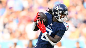 Nov 17, 2024; Nashville, Tennessee, USA;  Tennessee Titans wide receiver Calvin Ridley (0) makes a catch against the Minnesota Vikings during the first half at Nissan Stadium. Mandatory Credit: Steve Roberts-Imagn Images