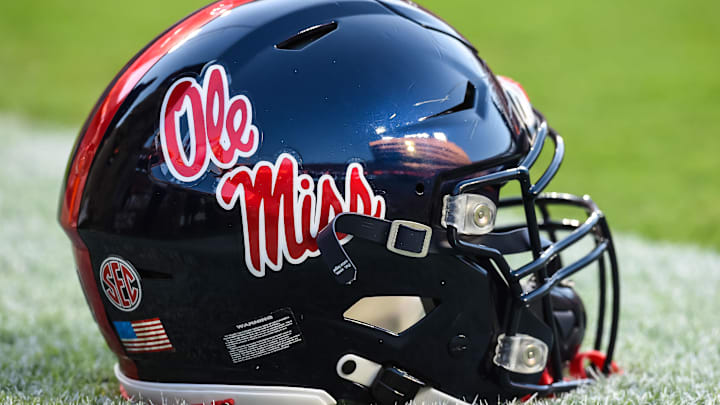 Oct 16, 2021; Knoxville, Tennessee, USA; Mississippi Rebels helmet on the field before a game between the Tennessee Volunteers and Mississippi Rebels at Neyland Stadium. Mandatory Credit: Bryan Lynn-Imagn Images