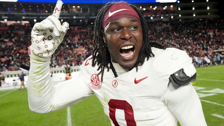 Nov 29, 2025; Auburn, Alabama, USA; Alabama linebacker Deontae Lawson (0) celebrates Alabama’s win over Auburn at Jordan-Hare Stadium. Mandatory Credit: Gary Cosby Jr.-Tuscaloosa News