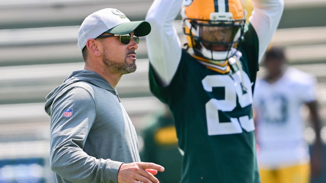 Jun 11, 2025; Green Bay, WI, USA;  Green Bay Packers head coach Matt LaFleur participates in the team's minicamp at Ray Nitschke Field. Mandatory Credit: Benny Sieu-Imagn Images