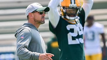Jun 11, 2025; Green Bay, WI, USA;  Green Bay Packers head coach Matt LaFleur participates in the team's minicamp at Ray Nitschke Field. Mandatory Credit: Benny Sieu-Imagn Images