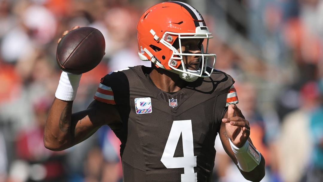 Oct 20, 2024; Cleveland, Ohio, USA; Cleveland Browns quarterback Deshaun Watson (4) throws a pass during the first quarter against the Cincinnati Bengals at Huntington Bank Field. Mandatory Credit: Ken Blaze-Imagn Images