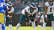 Philadelphia Eagles offensive tackle Fred Johnson (74) blocks against the Los Angeles Rams at Lincoln Financial Field. 