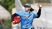 Miami Marlins starting pitcher Ryan Weathers (35) pitches against the New York Mets during the second inning at Roger Dean Chevrolet Stadium on March 17.