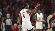 Dec 6, 2023; Houston, Texas, USA; Houston Cougars guard LJ Cryer (4) reacts after a play during the first half against the Rice Owls at Fertitta Center. Mandatory Credit: Troy Taormina-Imagn Images