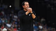 Oct 24, 2025; Memphis, Tennessee, USA; Miami Heat head coach Erik Spoelstra reacts during the fourth quarter against the Memphis Grizzlies at FedExForum. Mandatory Credit: Petre Thomas-Imagn Images