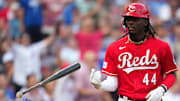 Cincinnati Reds shortstop Elly De La Cruz (44) hits a two-run home run in the first inning of a baseball game between the Los Angeles Dodgers and the Cincinnati Reds, Wednesday, June 7, 2023, at Great American Ball Park in Cincinnati. The home run was the first of his major-league career.