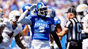 Aug 30, 2025; Lexington, Kentucky, USA; Kentucky Wildcats linebacker Alex Afari Jr. (3) reacts after a defensive play during the third quarter against the Toledo Rockets at Kroger Field. Mandatory Credit: Jordan Prather-Imagn Images