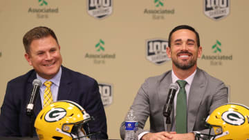 Green Bay Packers general manager Brian Gutekunst (left) laughs with new Packers head coach Matt LaFleur at his introductory press conference in the Lambeau Field media auditorium.

Green Bay Packers general manager Brian Gutekunst (left) laughs with new Packers head coach Matt LaFleur at his introductory press conference in the Lambeau Field media auditorium..

LAFLUER