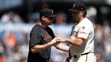Aug 21, 2024; San Francisco, California, USA; San Francisco Giants manager Bob Melvin (left) takes the ball from pitcher Erik Miller (68) during the ninth inning against the Chicago White Sox at Oracle Park. Mandatory Credit: D. Ross Cameron-Imagn Images