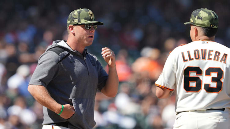 May 21, 2022; San Francisco, California, USA; San Francisco Giants pitching coach Andrew Bailey (84)