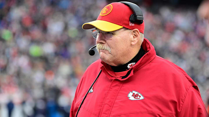 Kansas City Chiefs head coach Andy Reid watches from the sideline during the second half against the New England Patriots at Gillette Stadium. 