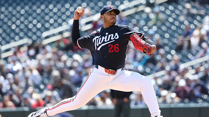 Apr 29, 2026; Minneapolis, Minnesota, USA; Minnesota Twins starting pitcher Taj Bradley (26) delivers a pitch against the Seattle Mariners during the first inning at Target Field. Mandatory Credit: Matt Krohn-Imagn Images