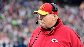 Dec 17, 2023; Foxborough, Massachusetts, USA; Kansas City Chiefs head coach Andy Reid  watches from the sideline during the second half against the New England Patriots at Gillette Stadium. Mandatory Credit: Eric Canha-Imagn Images