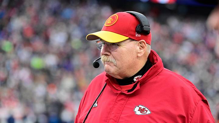 Dec 17, 2023; Foxborough, Massachusetts, USA; Kansas City Chiefs head coach Andy Reid  watches from the sideline during the second half against the New England Patriots at Gillette Stadium. Mandatory Credit: Eric Canha-Imagn Images