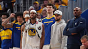 May 10, 2025; San Francisco, California, USA; Golden State Warriors guard Stephen Curry (30) watches from the bench during game three against the Minnesota Timberwolves in the second round of the 2025 NBA Playoffs at Chase Center. Mandatory Credit: David Gonzales-Imagn Images