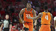 Feb 4, 2025; Houston, Texas, USA; Oklahoma State Cowboys forward Abou Ousmane (33) celebrates with guard Davonte Davis (4) after a play during the first half against the Houston Cougars at Fertitta Center. Mandatory Credit: Troy Taormina-Imagn Images