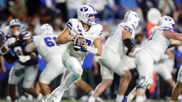 BYU's Jake Retzlaff looks to pass against Kansas State.