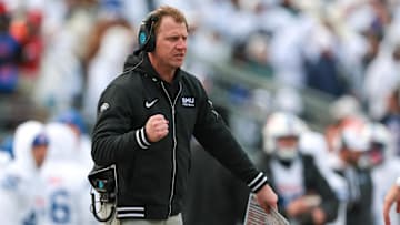 Dec 21, 2024; University Park, Pennsylvania, USA; Southern Methodist Mustangs head coach Rhett Lashlee reacts during the first half against the Penn State Nittany Lions at Beaver Stadium. Mandatory Credit: Vincent Carchietta-Imagn Images