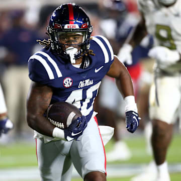 Sep 16, 2023; Oxford, Mississippi, USA; Mississippi Rebels running back Matt Jones (40) runs the ball for a touchdown during the second half against the Georgia Tech Yellow Jackets at Vaught-Hemingway Stadium. Mandatory Credit: Petre Thomas-Imagn Images