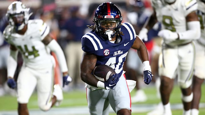 Sep 16, 2023; Oxford, Mississippi, USA; Mississippi Rebels running back Matt Jones (40) runs the ball for a touchdown during the second half against the Georgia Tech Yellow Jackets at Vaught-Hemingway Stadium. Mandatory Credit: Petre Thomas-Imagn Images