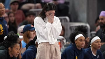 Aug 31, 2025; San Francisco, California, USA; Indiana Fever guard Caitlin Clark (center) reacts during the third quarter against the Golden State Valkyries at Chase Center. Mandatory Credit: Darren Yamashita-Imagn Images