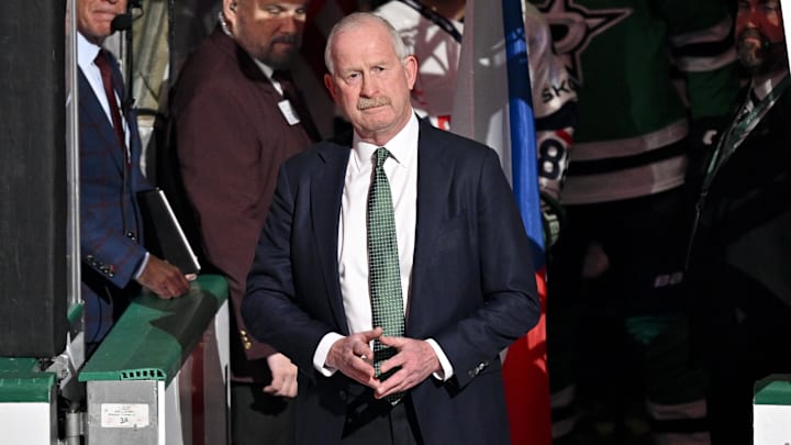 Feb 4, 2026; Dallas, Texas, USA; Dallas Stars general manager Jim Nill is celebrate as the Stars honor their 2026 Winter Olympics hockey players before the game against the St. Louis Blues at the American Airlines Center. Mandatory Credit: Jerome Miron-Imagn Images