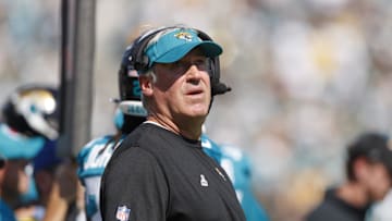 Oct 27, 2024; Jacksonville, Florida, USA; Jacksonville Jaguars head coach Doug Pederson watches a replay against the Green Bay Packers during the first quarter at EverBank Stadium. Mandatory Credit: Morgan Tencza-Imagn Images