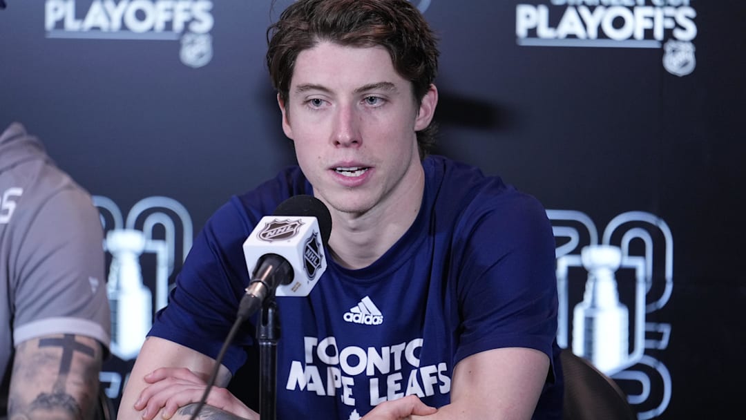 Apr 20, 2025; Toronto, Ontario, CAN; Toronto Maple Leafs forward Mitch Marner (16) answers a question from the media following game one of the first round of the 2025 Stanley Cup Playoffs against the Ottawa Senators at Scotiabank Arena. Mandatory Credit: John E. Sokolowski-Imagn Images